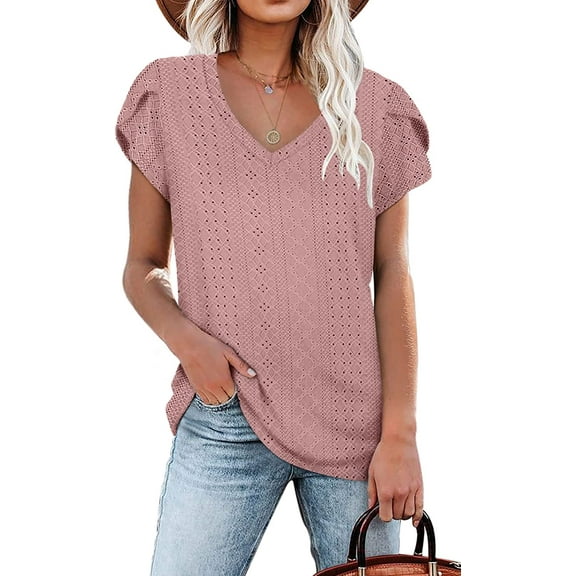 Anyjoin Womens Tops Casual V Neck Summer Petal Sleeve T-Shirt