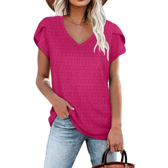 Anyjoin Womens Tops Casual V Neck Summer Petal Sleeve T-Shirt