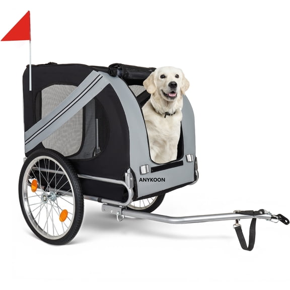 Anykoon 100LB Capacity Large Folding Bike Trailer for Dogs, All-Terrain Pet Carrier, Durable Steel Frame for Cycling, Jogging, Camping & Outdoor Adventures, Black- Grey
