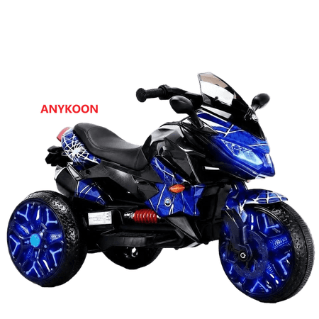 Anykoon 12V Kids 3-Wheel Electric Ride On Motorcycle, Hand Throttle, PU Seat & Light-Up Wheels, Blue Spider Web Print, Ages 3-6