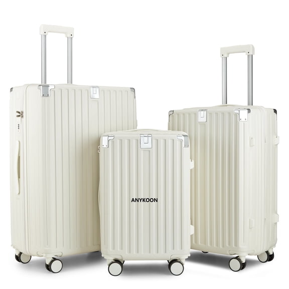 Anykoon 3-Piece Luggage Set, Lightweight ABS Hardshell Suitcase Set with Spinner Wheels, Telescopic Handle, White, 20/24/28 Inch