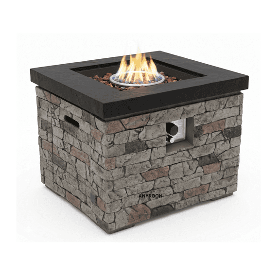 Anykoon 32 Inch 40000 BTU Propane Fire Pit Table, Stone Look 2-in-1 Rectangular Outdoor Gas Fire Table with Hidden Tank Storage, Lava Rocks, Lid & Waterproof Cover for Patio Garden Backyard