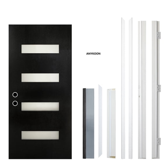 Anykoon 36x80 Fiberglass Entry Door, Black Finish, Frosted Glass, Right Hand Inswing, White Vinyl Frame with Brickmould, Contemporary Style