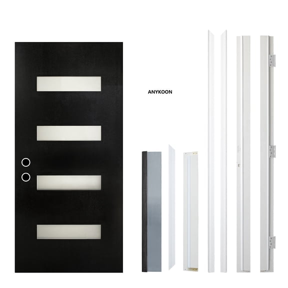 Anykoon 36x80 Fiberglass Entry Door, Frosted Glass, Left Hand Inswing, Black Knock-Down, 4-9/16 White Vinyl Frame, Contemporary Style