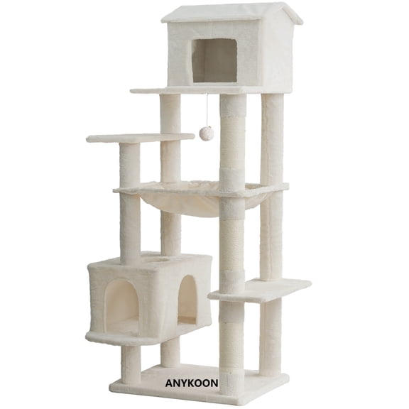 Anykoon 64in 5-levels Cat Tree with Unique Cat House, Hammock, Scratching Posts - Plush Cat Tower for Indoor Cats, Ideal for Multiple Cats,Beige
