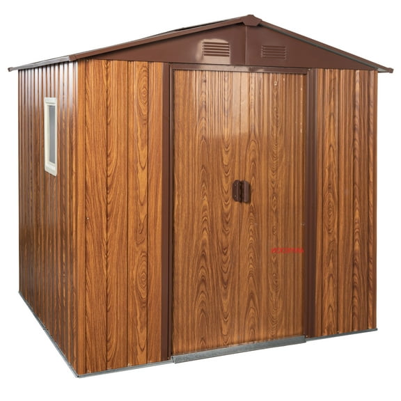 Anykoon 6ft x 6ft Outdoor Metal Storage Shed with With window Vents Sliding Doors and Padlock, Metal Foundation, Coffee