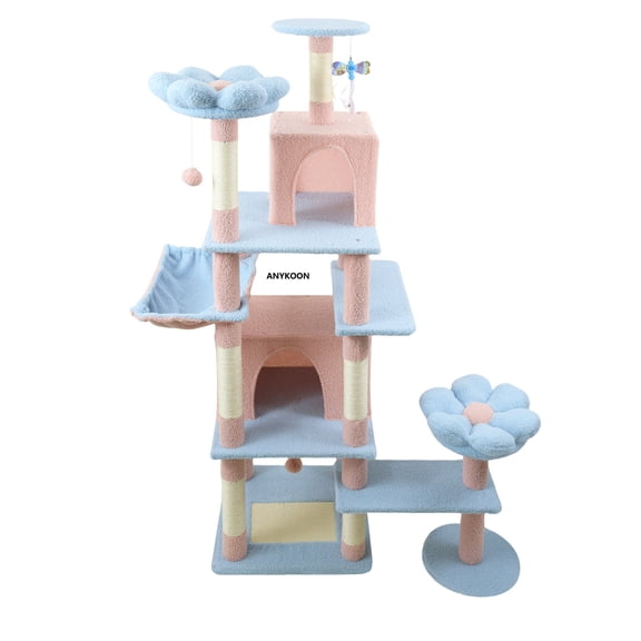 Anykoon 71 Inch Flower Cat Tree for Large Cats, Multi‑Level Cat Tower with Large Condo, Removable Flower Cushion, Hammock & Sisal Scratching Posts, Yellow