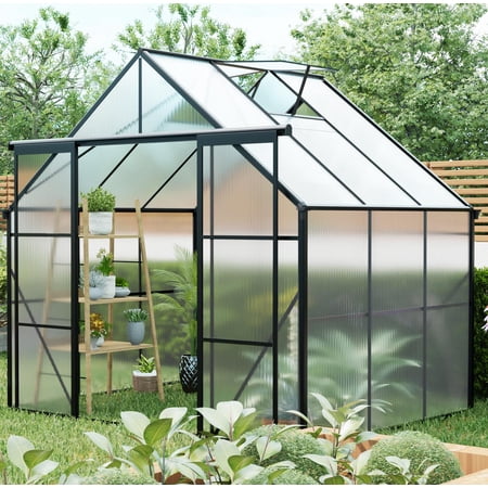 Anykoon 8X6FT Polycarbonate Greenhouse with Double Door and Adjustable Roof,Raised Base and Anchor Aluminum Heavy Duty Walk-in Greenhouses with Drainage System & Galvanized Base