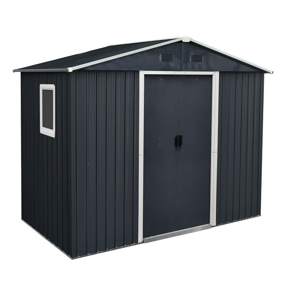 Anykoon 8ft x 4ft Outdoor Metal Storage Shed integrated window and vents, Metal Foundation Tilted Roof & Lockable Door for Backyard,Tilted Roof & Lockable Door, for Patio, Lawn,Black and White