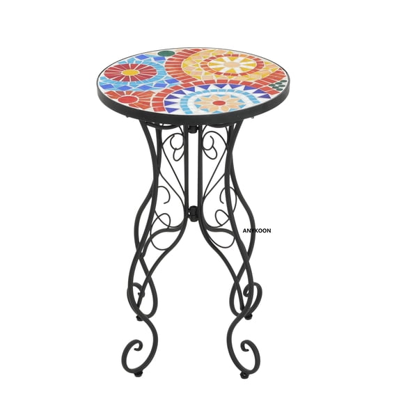 Anykoon Colorful Floral Ceramic Tile Top Outdoor Side Table, Matte Black Powder‑Coated Iron Frame, Weather‑Resistant Accent Table with Leveling Legs for Patio, Porch & Indoor Spaces