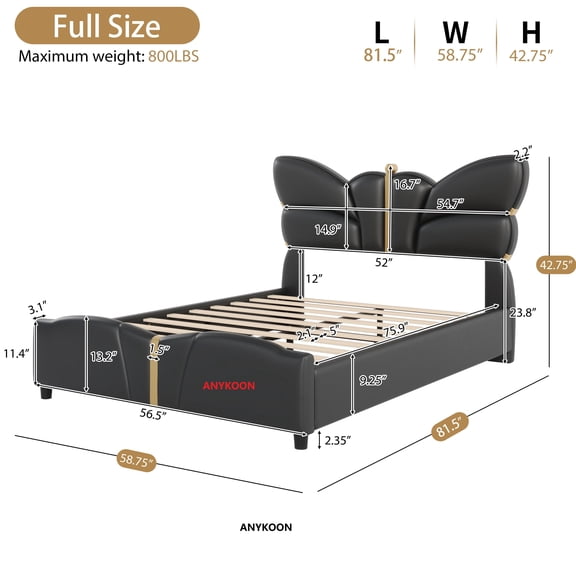 Anykoon Full Size PU Leather Platform Bed Frame, Butterfly Shaped Headboard & Footboard with Gold Metal Decoration, Sturdy Solid Wood Bed, No Box Spring Needed, Black