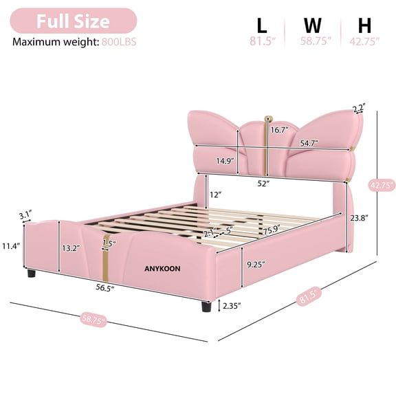Anykoon Full Size Upholstered PU Leather Bed Frame, Light Pink, Butterfly Headboard & Footboard with Gold Metal Decor, No Box Spring Needed