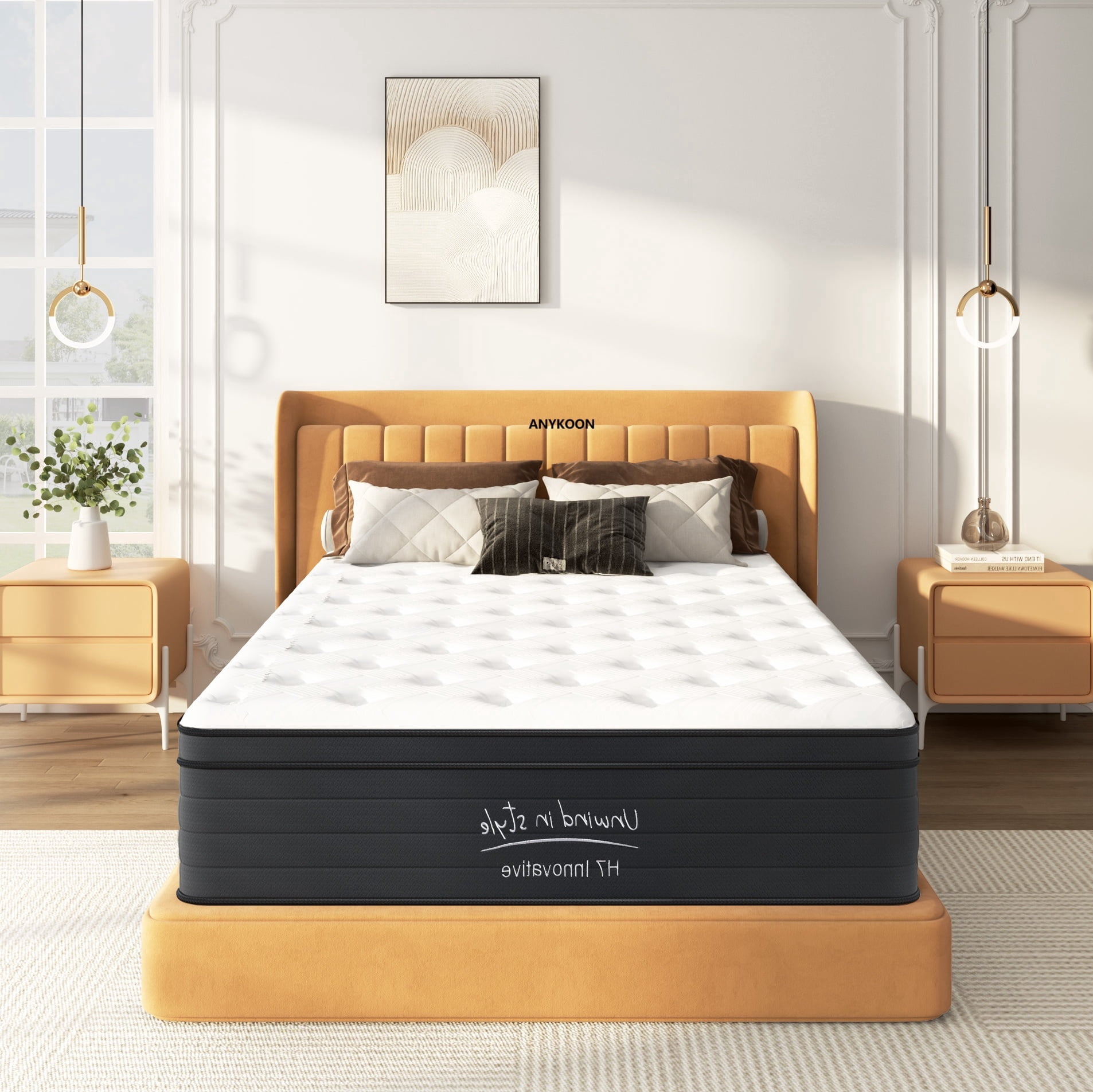 Anykoon King Size 12 Inch Hybrid Mattress, Individually Pocketed Innerspring, Medium Firm, Foam & Spring,White+Black