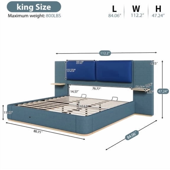 Anykoon King Size Upholstered Platform Bed, Anti-Collision Rounded Corners, No Box Spring, Easy Assembly, Blue
