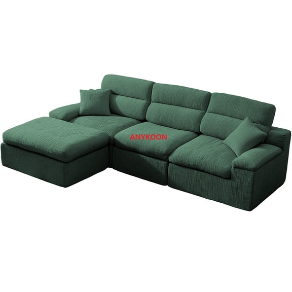 Anykoon L‑Shaped Corner Chaise Sleeper Sofa, High Backrest Slub Chenille 3‑Seat Compressed Sponge Sectional Couch, No‑Assembly Space‑Saving Sofa for Living Room Apartment, Dark Green
