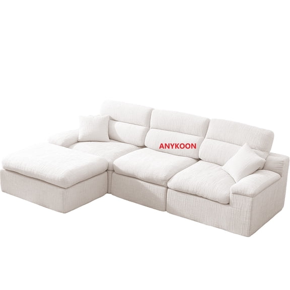 Anykoon L-Shaped Corner Chaise Sleeper Sofa, High Backrest Slub Chenille 3-Seat Couch, Compressed High-Density Sponge, No-Assembly Space-Saving Sectional Sofa for Living Room Apartment, Beige