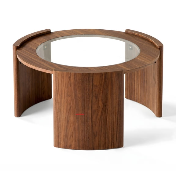 Anykoon Mid-Century Modern Round Coffee Table, 31.5 in Walnut Wood & Tempered Glass Center Table, Curved Legs, Retro Cocktail Table for Living Room