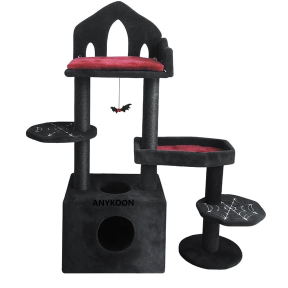 Anykoon Multi-Level Spooky Cat Tree with Scratching Posts, Perches, Hammock, and Cat Cave - Black Cat Tower for Indoor Cats with Interactive Toy, Perfect for Multiple Cats 44.5 in,Black Gothic