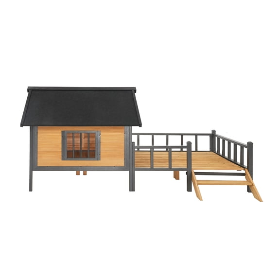 Anykoon Outdoor Large Wooden Cabin House Style Wooden Dog Kennel with Porch, Habitat with Unique All-Around Metal Frame,White