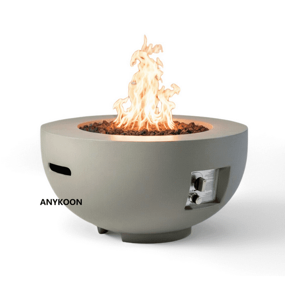 Anykoon 28-inch Outdoor Round Propane Fire Pit Table, 40,000 BTU Light Concrete Fire Pit Bowl with Lava Rocks, Rain Cover & Burner Lid, Propane Fire Pit for Patio, Garden, Deck, Light Grey