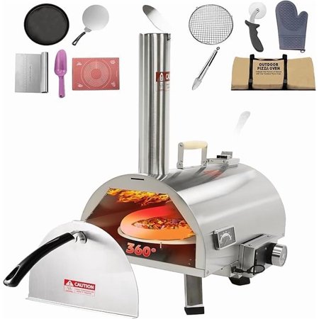 Anykoon Outdoor Wood Fired Pizza Oven, 15 in, Commercial, Rotatable, Portable, Thermometer, Cutter, Bag