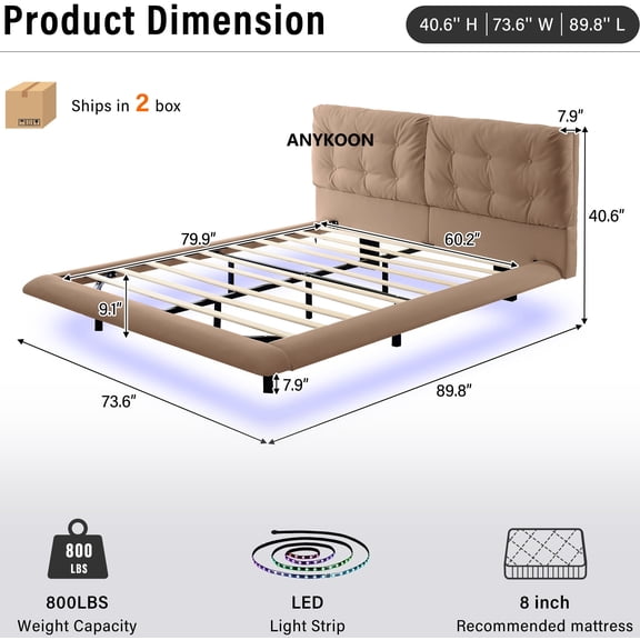 Anykoon Queen Size Floating Bed Frame, Khaki PU Leather Upholstered Platform Bed with Button-Tufted Headboard, Remote LED Lights, 800lbs Capacity, No Box Spring Needed, Easy Assembly