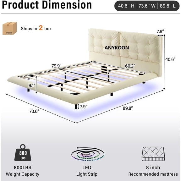 Anykoon Queen Size Floating Bed Frame with LED Lights, White PU Leather Upholstered Platform Bed, Button Tufted Headboard, 800lbs Weight Capacity, No Box Spring Needed, Easy Assembly