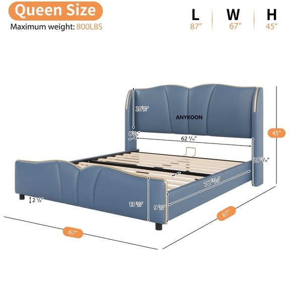 Anykoon Queen Size PU Leather Upholstered Bed Frame, Wingback Headboard & Wavy Footboard, No Box Spring Needed, Antique Blue