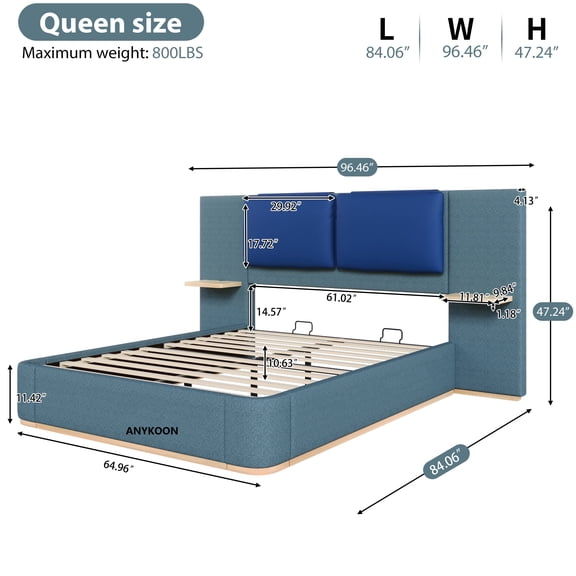Anykoon  Queen Size Upholstered Platform Bed, Anti-Collision Rounded Corners, No Box Spring, Blue