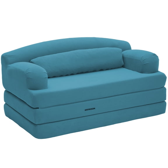 Anykoon Sky Blue Corduroy Foldable Loveseat Sleeper Sofa, High-Density Foam Convertible Couch Bed for Small Spaces