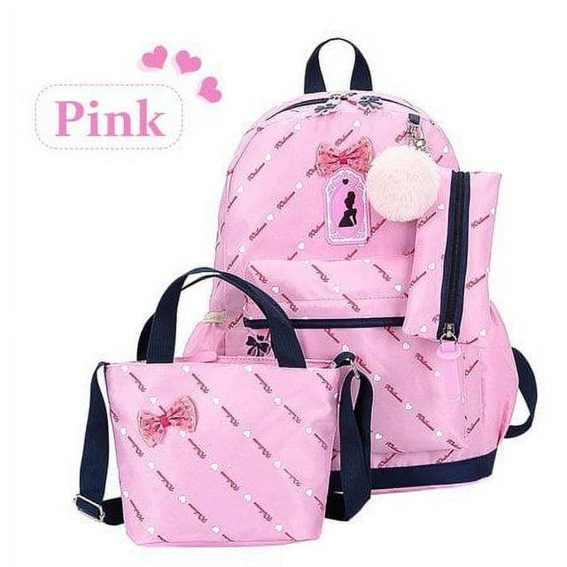 Anyprize 3Pcs/Sets Pink Canvas School Backpacks for Girls, Large Capity Scatchel Rucksack Backpacks for Middle School, Women's Fashion Sports and Outdoors Backpacks for Camping/Hiking/Climbing