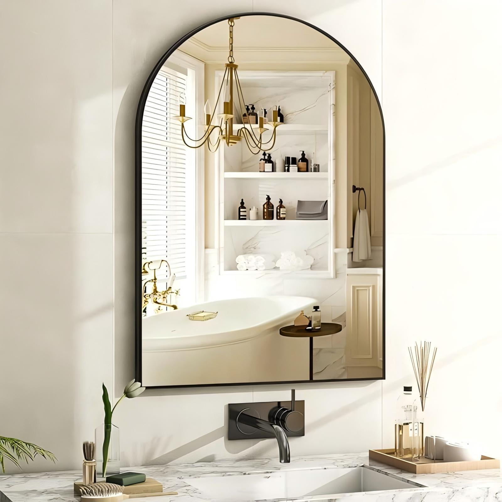 Anyrose 16" x 24" Arch Bathroom Mirror Wall Mounted Vanity Mirror with Aluminum Alloy Frame, Black