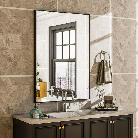 Anyrose 20"x28" Rectangular Bathroom Mirror Wall Mirror Aluminium Alloy Frame Wall-Mounted Mirror,Black