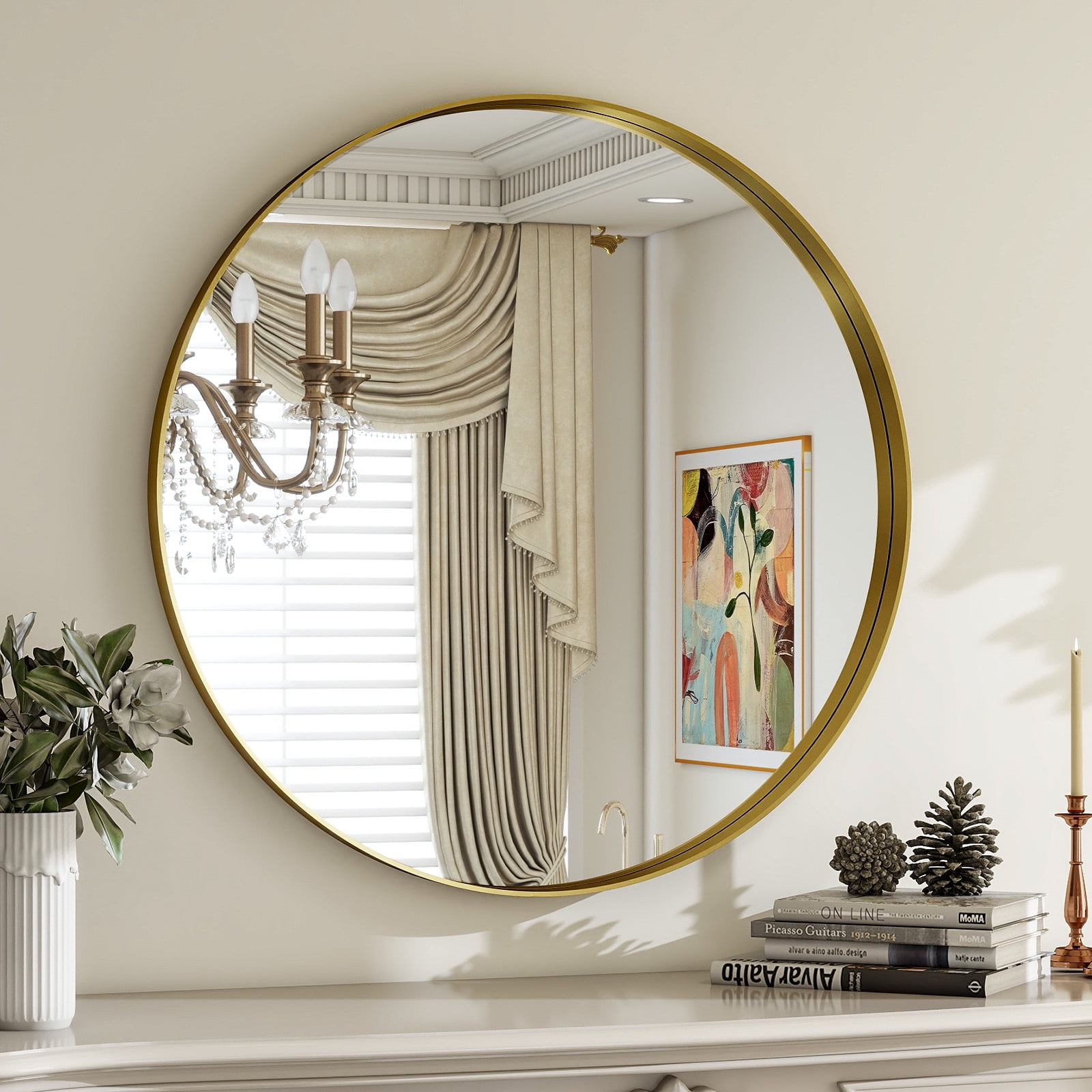 GRAHMCY 24" Bathroom Round Mirror With Deep Frame Wall Decor, Gold ...