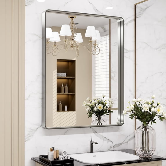 Anyrose 24X36 Inch Brushed Nickel Bathroom Mirror, Rounded Rectangle Metal Frame Mirror, Brushed Nickel, Anti-Rust Silver