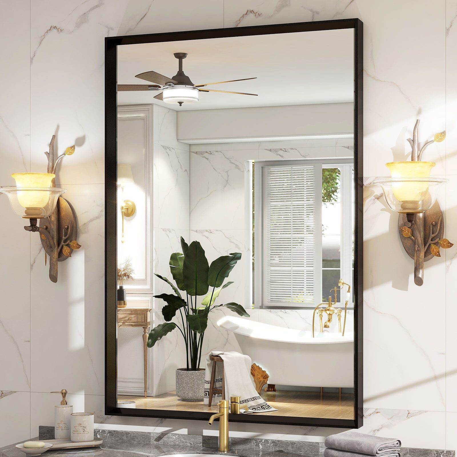 Anyrose 30.2"x20" Rectangular Deep Framed Vanity Bathroom Mirror, Black