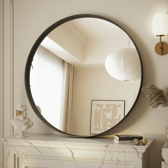 GRAHMCY 30" Bathroom Round Mirror With Deep Frame Wall Decor, Black