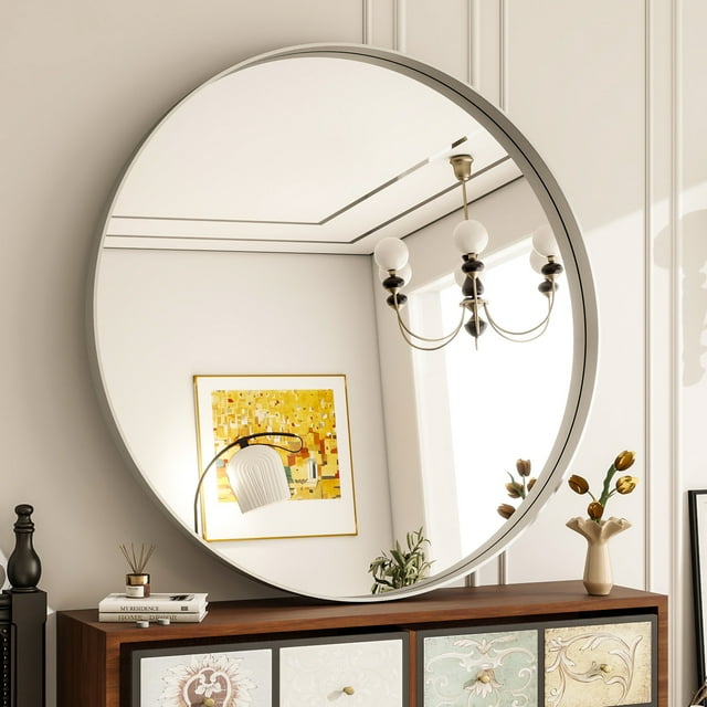 Anyrose 30" Bathroom Round Mirror With Deep Frame Wall Decor, Silver