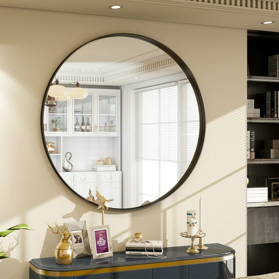 GRAHMCY 32" Bathroom Round Mirror With Deep Frame Wall Decor, Black