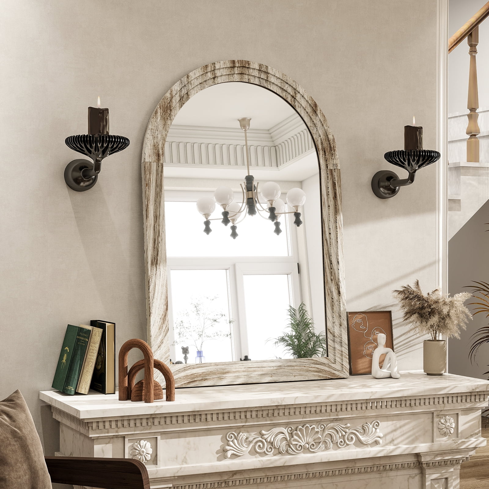 Anyrose 36.2"x24" Arch Wooden Framed Vanity Bathroom Mirror, White