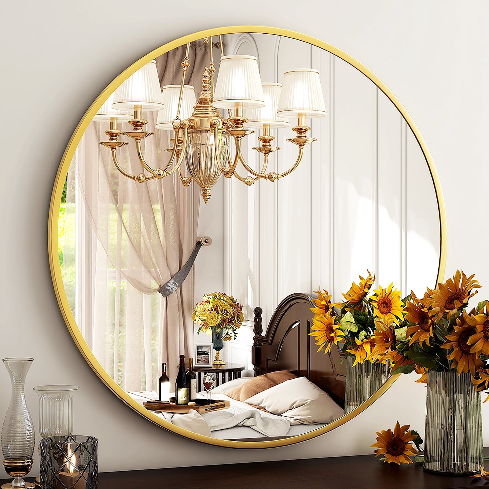 Mirstory 36.6"x36.6" Round Wall Mirror Wall-mounted Bathroom Mirror with Aluminum Frame,Gold