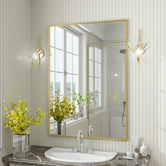 SEETHRUGLIMMER 36"x24" Rectangular Bathroom Wall Mirror with Metal Frame, Gold