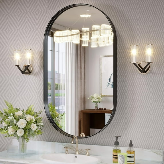 Anyrose 38"x22.1" Oval Aluminum Alloy Deep Framed Vanity Mirror Bathroom Mirror Wall Mounted, Black