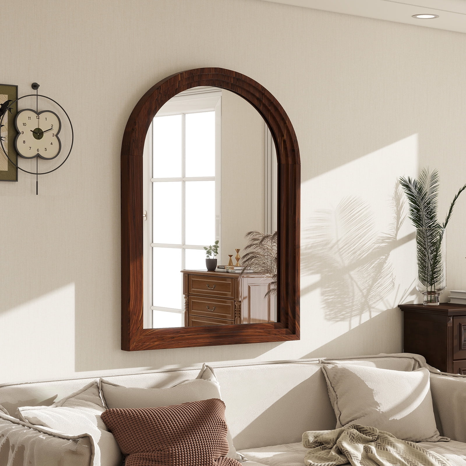 Anyrose 40.2"x30" Arch Wooden Framed Vanity Bathroom Mirror, Brown