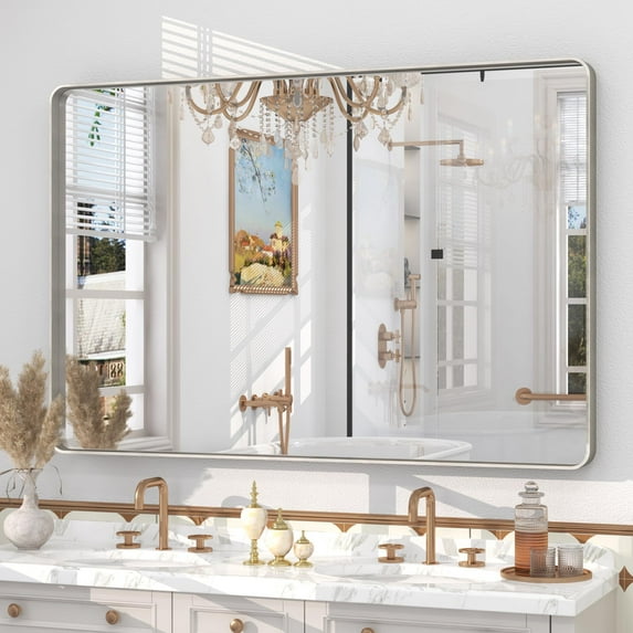 Anyrose 48x30 Brushed Bathroom Mirror for Wall, Framed Bathroom Vanity Mirror, Rounded Rectangle Mirror, Shatterproof Silver