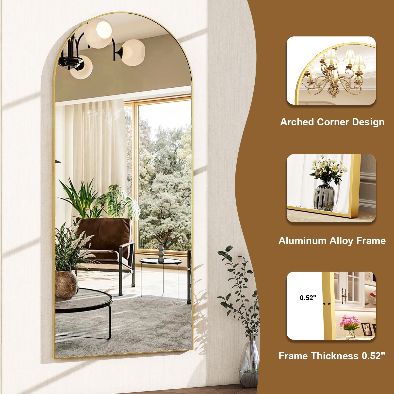 Anyrose 56.1"x21" Arched Modern Full Length Mirror Free standing Floor, Gold