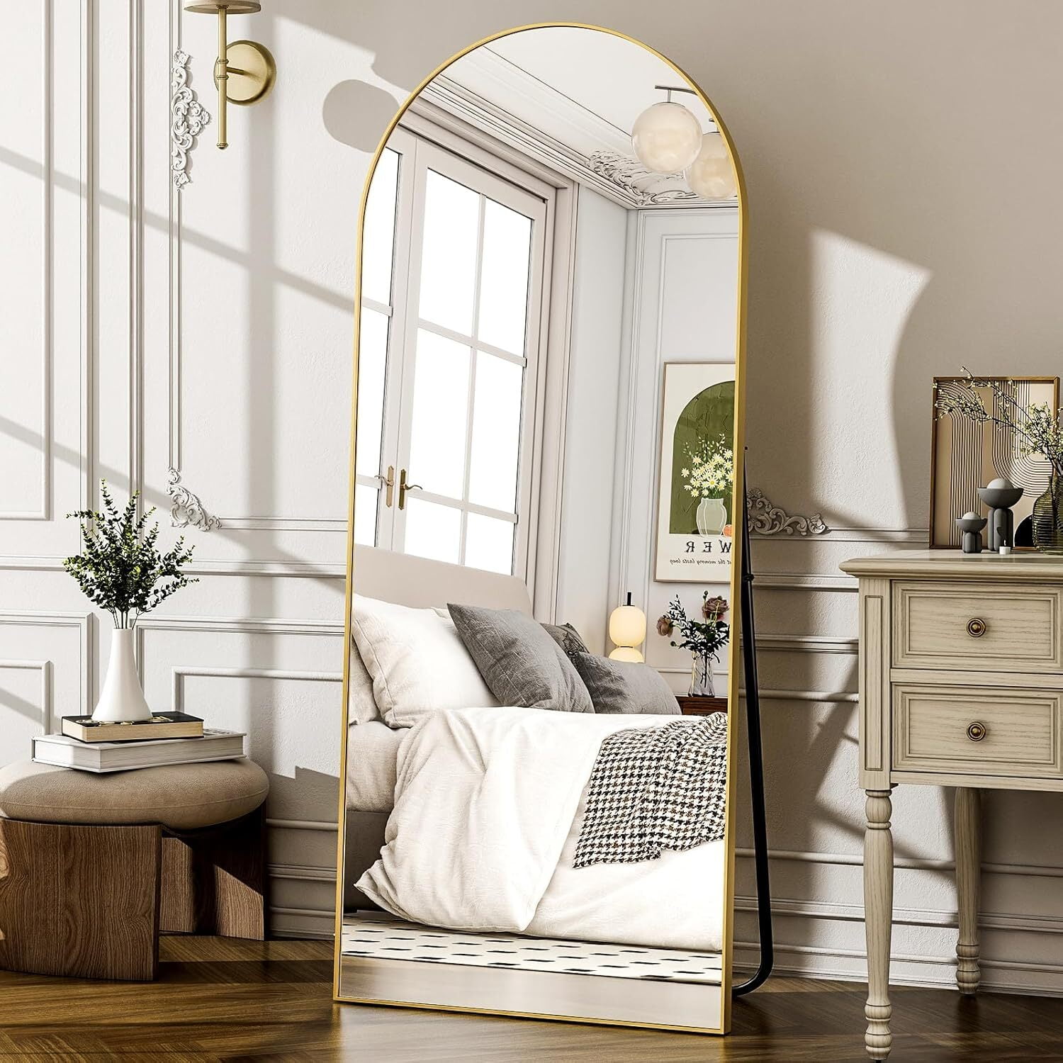 Anyrose 57"x 19" Arched Full Length Mirror Floor Mirror with Stand Wall-Mounted, Gold