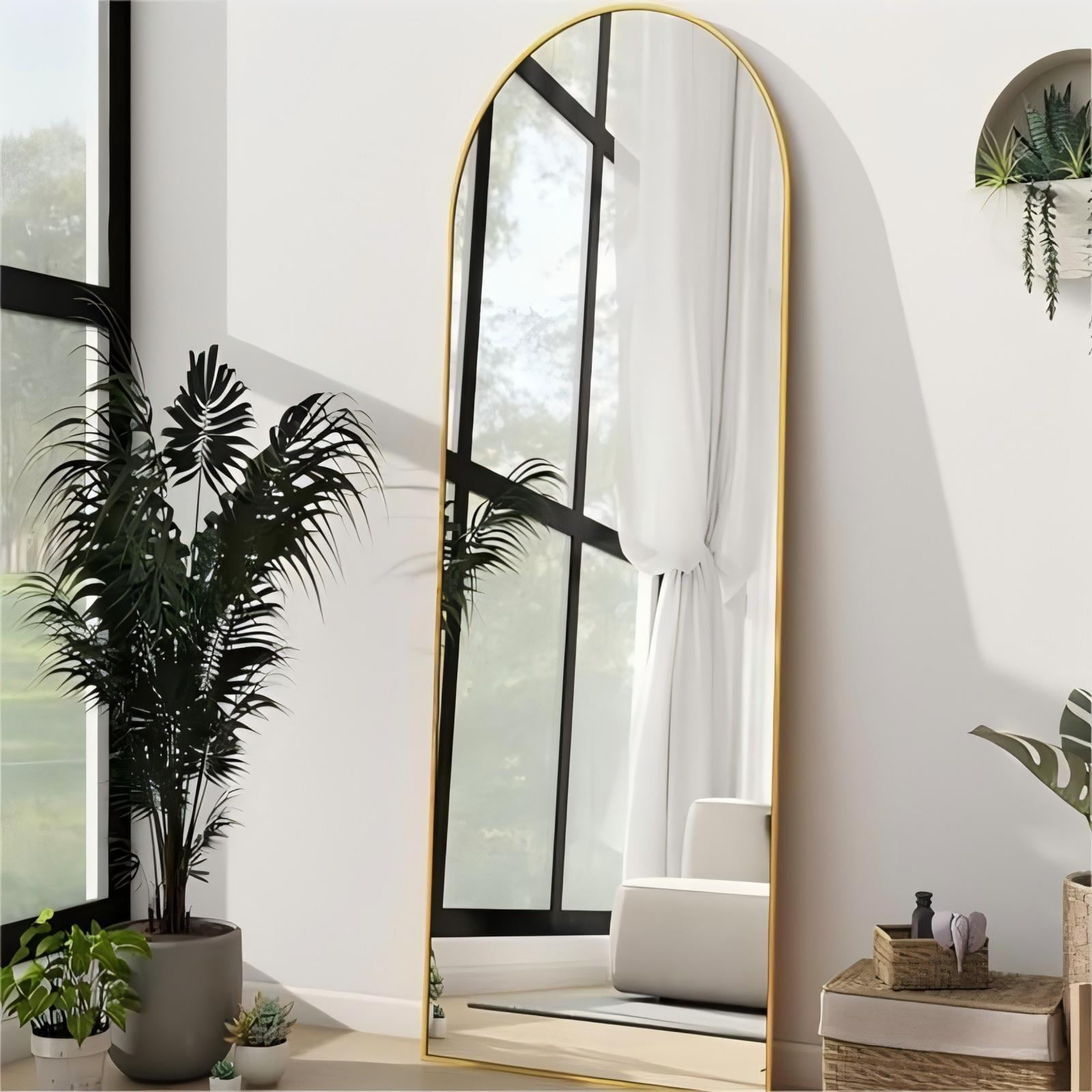 Anyrose 58"x 18.5" Full Length Arch-Top Mirror with Metal Frame Stand Wall-Mounted, Gold