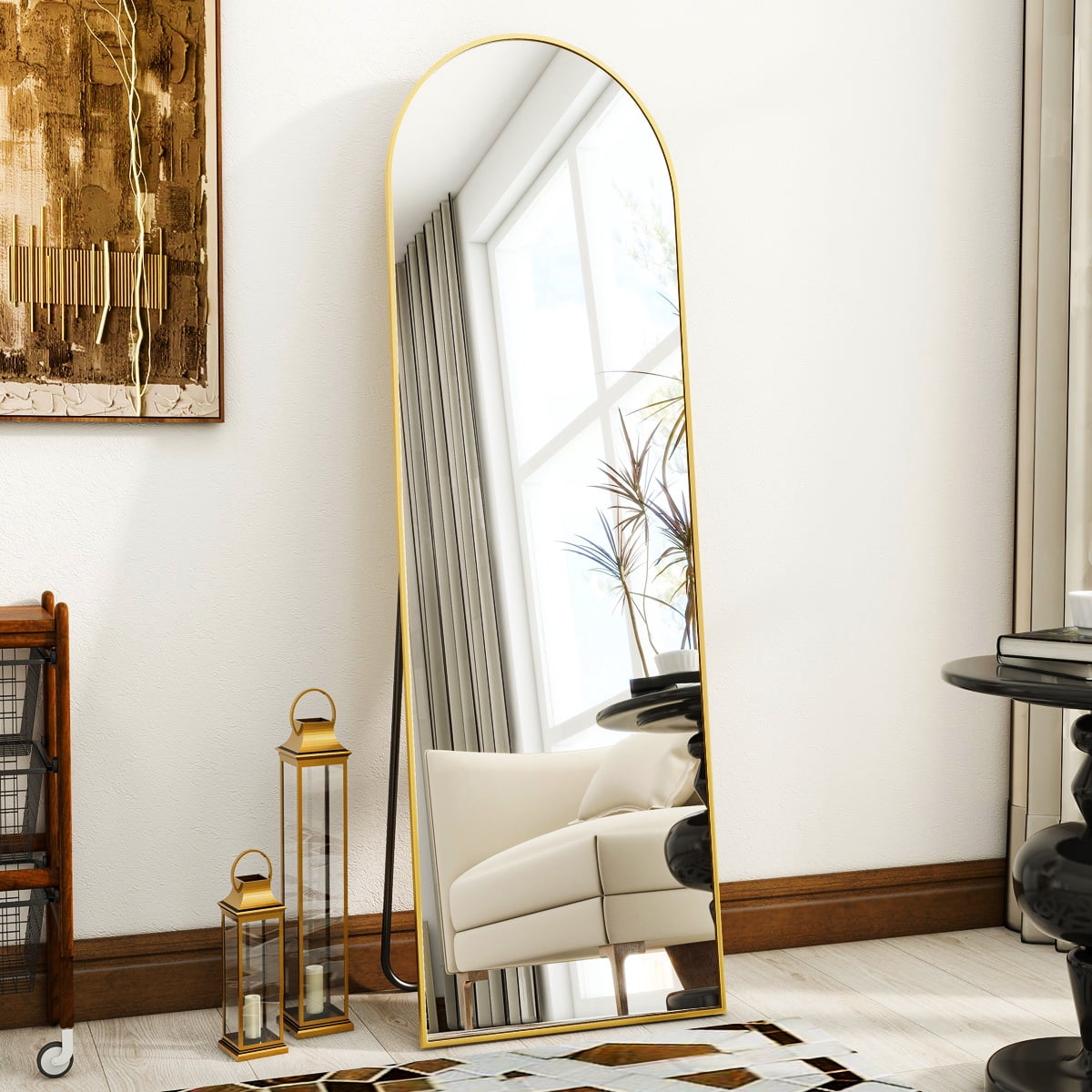 Anyrose 59.1"x16" Arched Full Length Mirror Metal Frame Floor Mirror with Stand, Gold