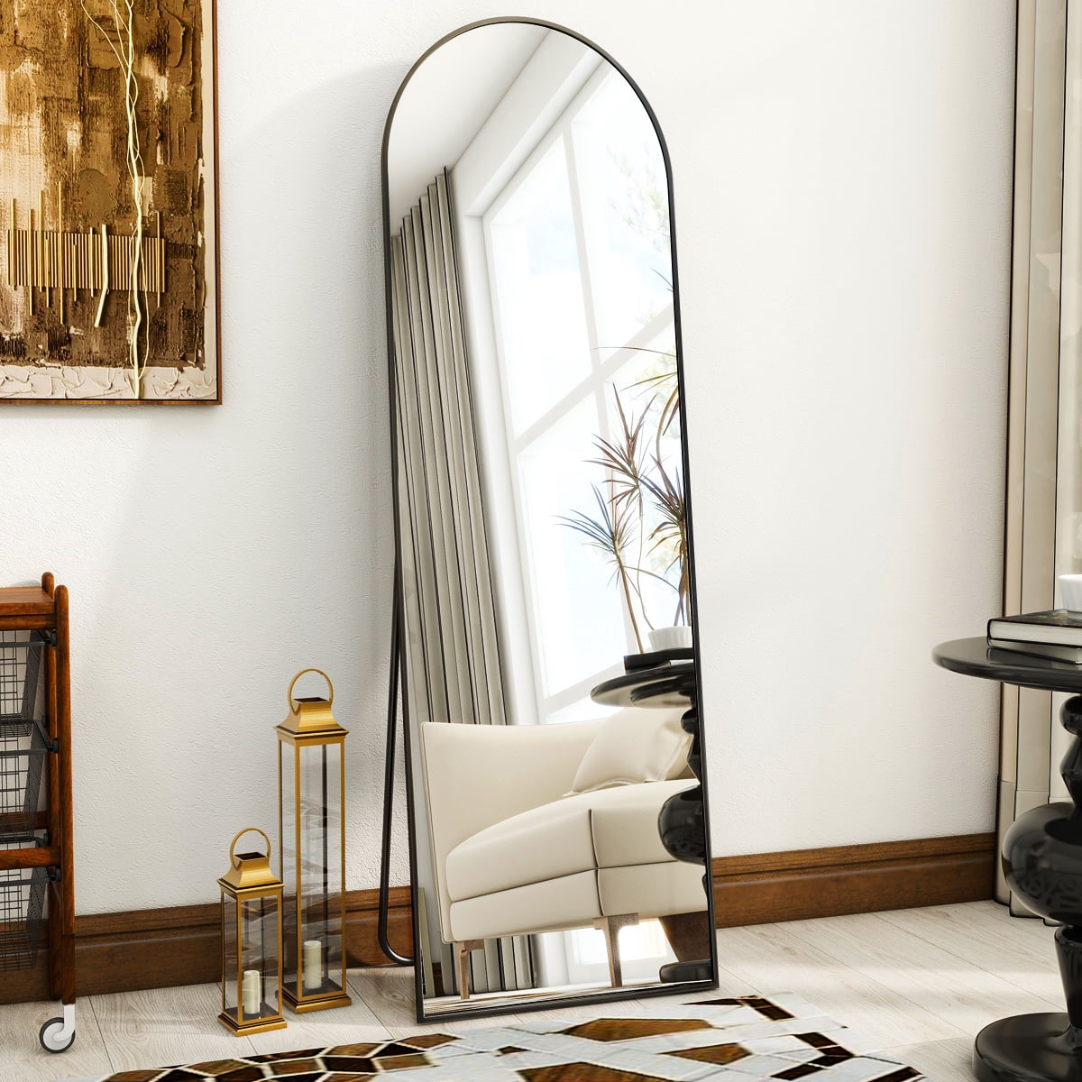 Anyrose 59.1"x16" Arched Full Length Mirror Metal Frame Floor Mirror with Stand, Black